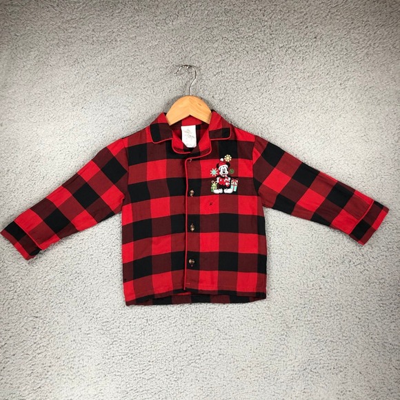 Disney Other - Disney Mickey Mouse Christmas Pajama Top Red Black Buffalo Plaid Toddler Size 3